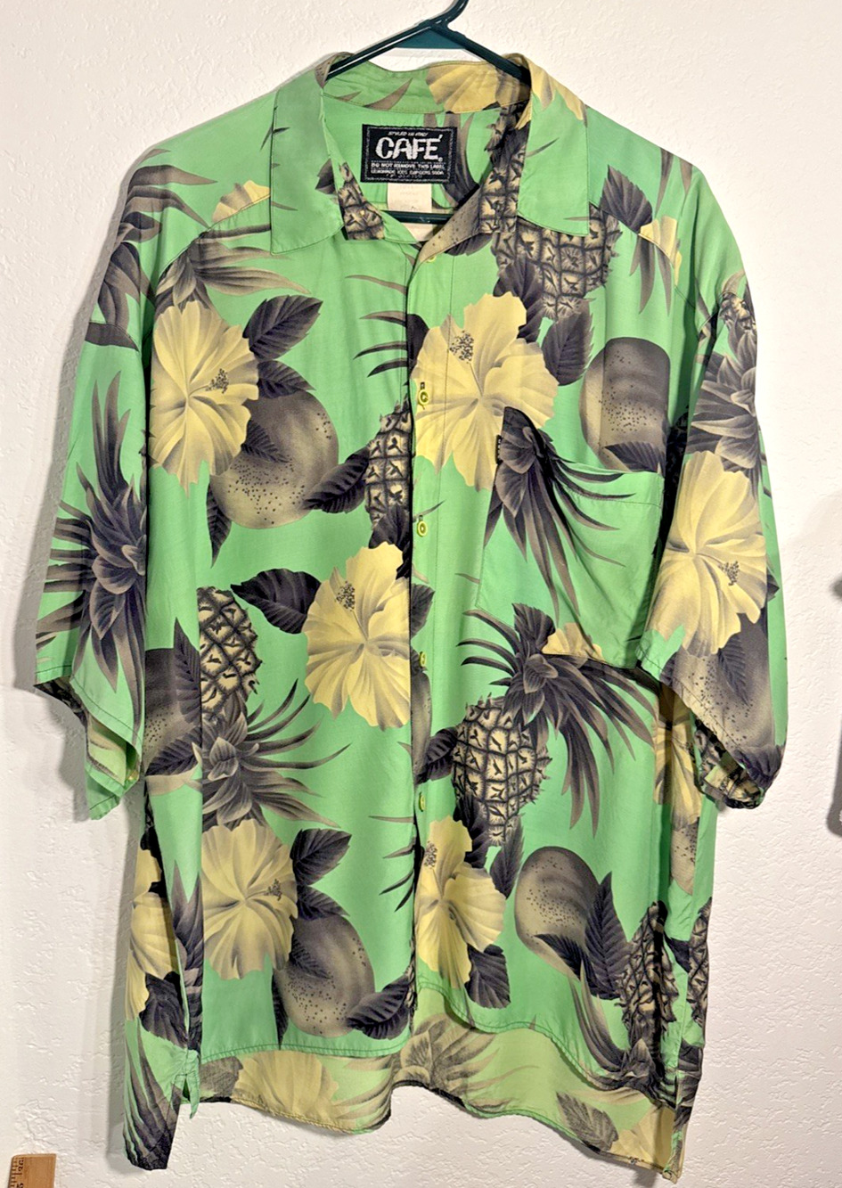 Vintage Styled in Italy CAFE S/S Button Up Shirt Loud Lime Green Pineapple XXL